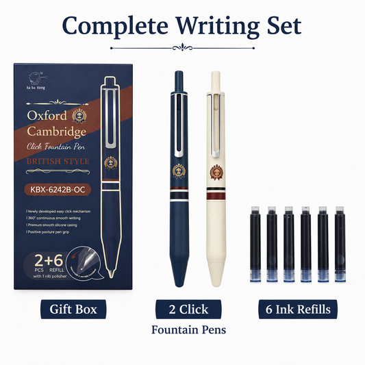 Oxford Cambridge Click Pen Gift Set with 2 Pens, 6 Ink Cartridges & Ink Bottle