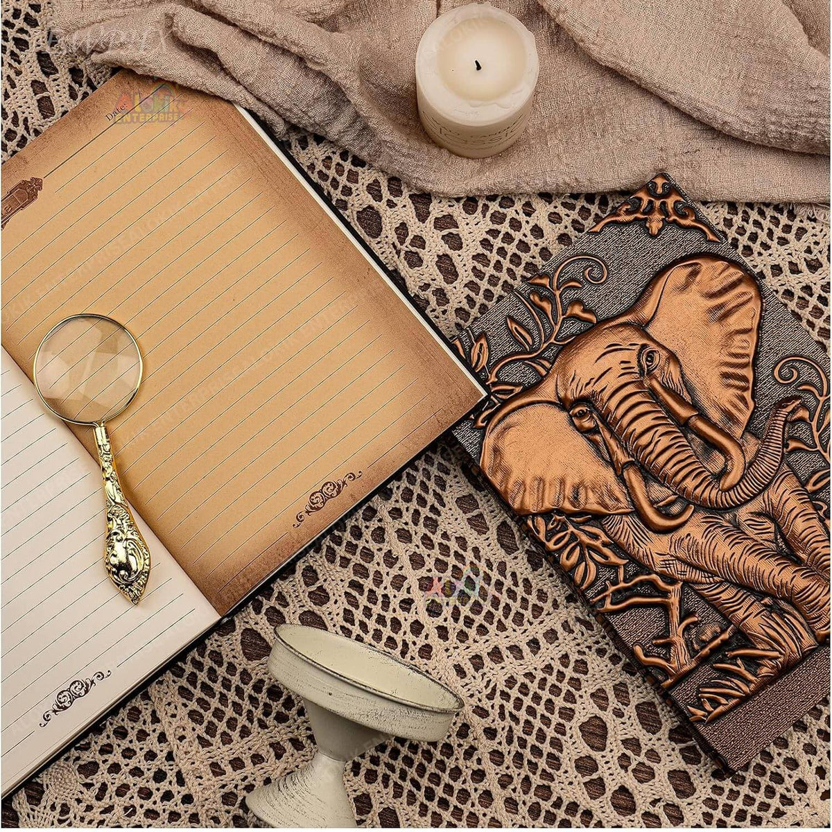 3D Copper Elephant  Vintage Leather Notebook