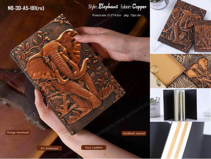 3D Copper Elephant  Vintage Leather Notebook