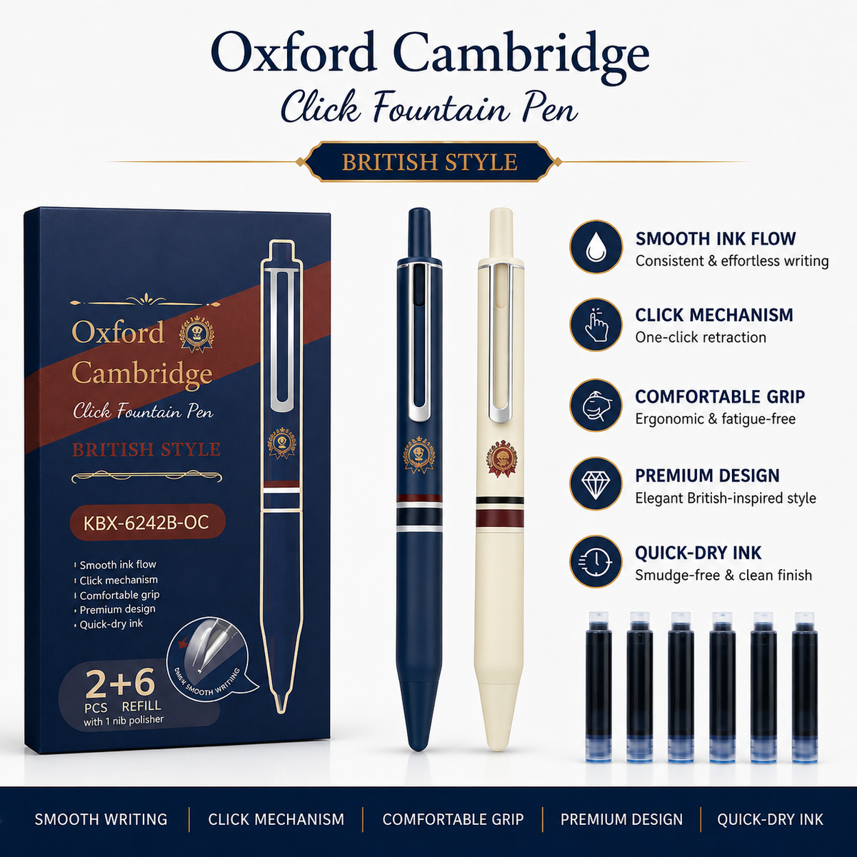 Oxford Cambridge Click Pen Gift Set with 2 Pens, 6 Ink Cartridges & Ink Bottle