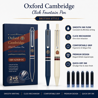 Oxford Cambridge Click Pen Gift Set with 2 Pens, 6 Ink Cartridges & Ink Bottle
