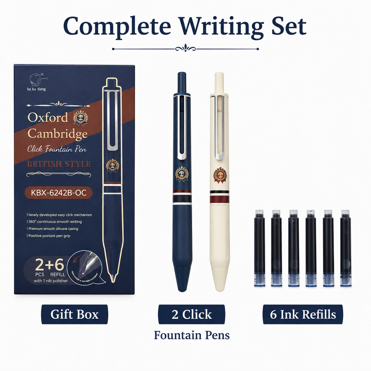 Oxford Cambridge Click Pen Gift Set with 2 Pens, 6 Ink Cartridges & Ink Bottle