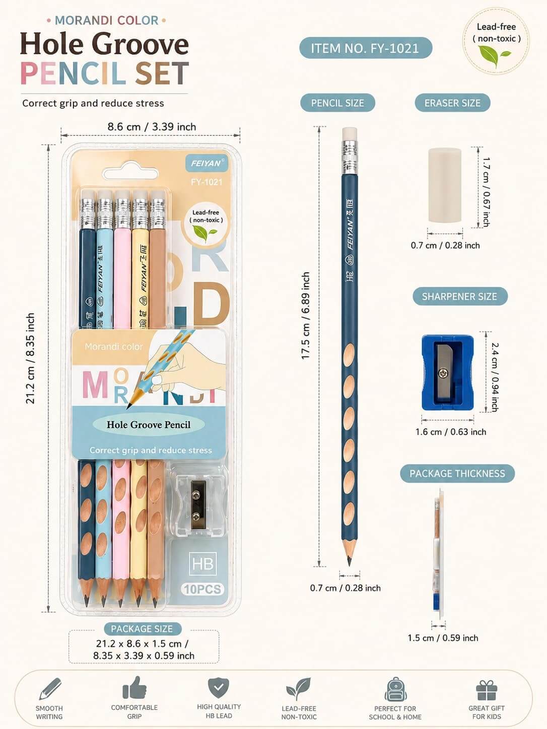 FEIYAN Hole Groove HB Pencil Set with Sharpener