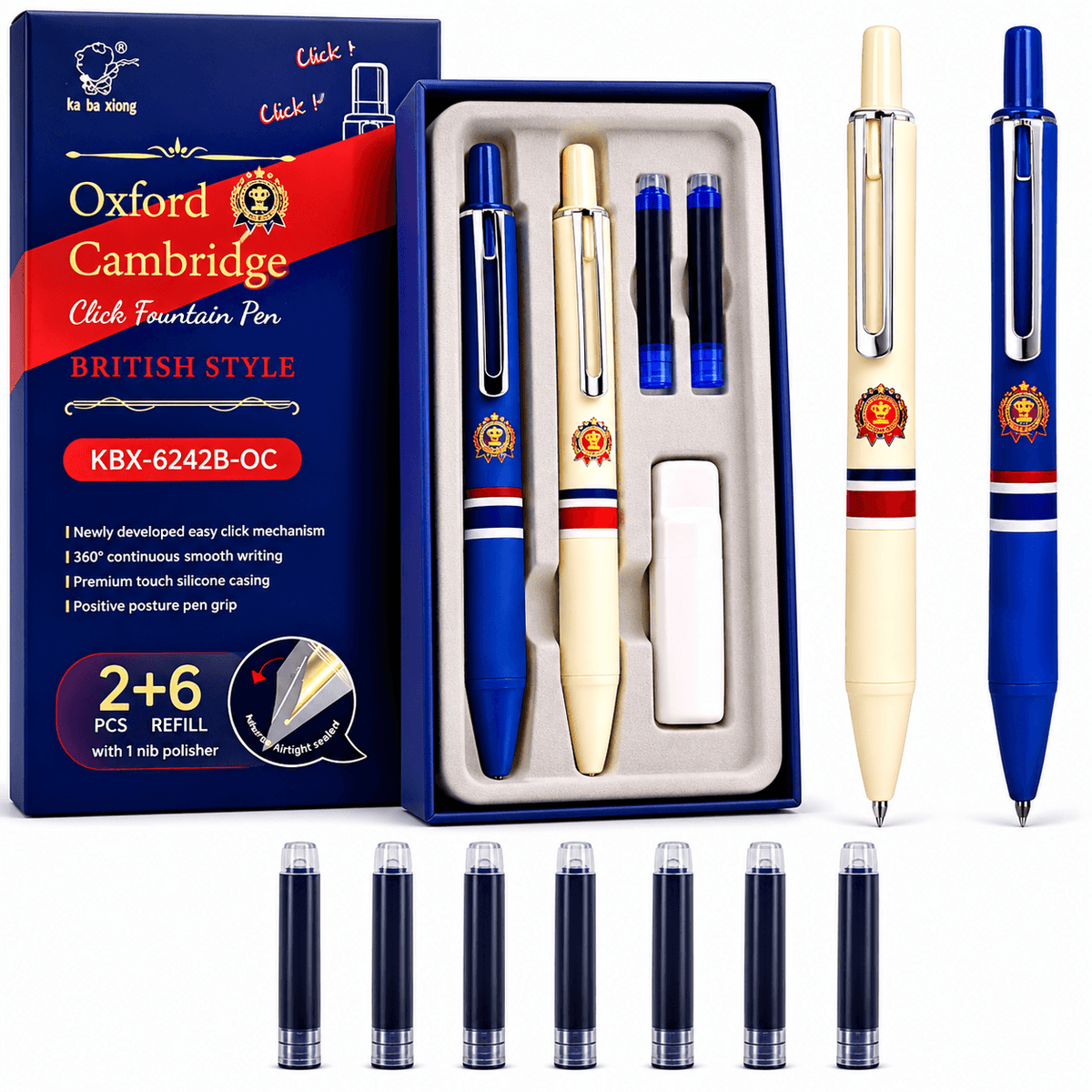 Oxford Cambridge Click Pen Gift Set with 2 Pens, 6 Ink Cartridges & Ink Bottle