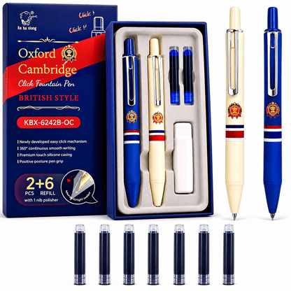 Oxford Cambridge Click Pen Gift Set with 2 Pens, 6 Ink Cartridges & Ink Bottle