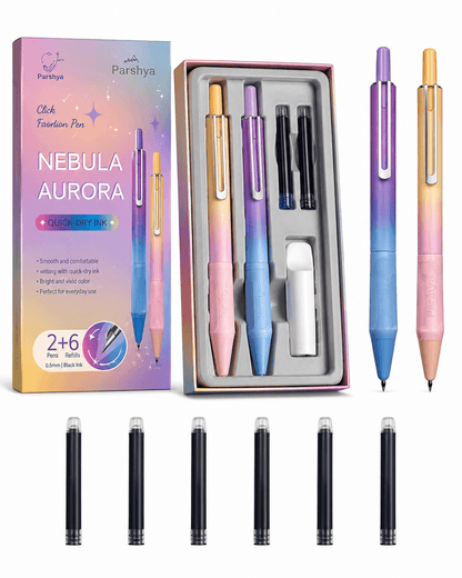 Nebula Aurora Gel Pen Set – 2 with 6 Black Ink Refills
