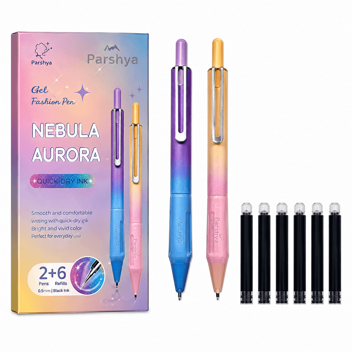 Nebula Aurora Gel Pen Set – 2 with 6 Black Ink Refills