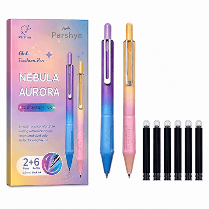 Nebula Aurora Gel Pen Set – 2 with 6 Black Ink Refills