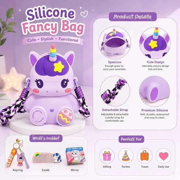 Purple Unicorn Cute Theme Shape Mini Sling bag for Girls