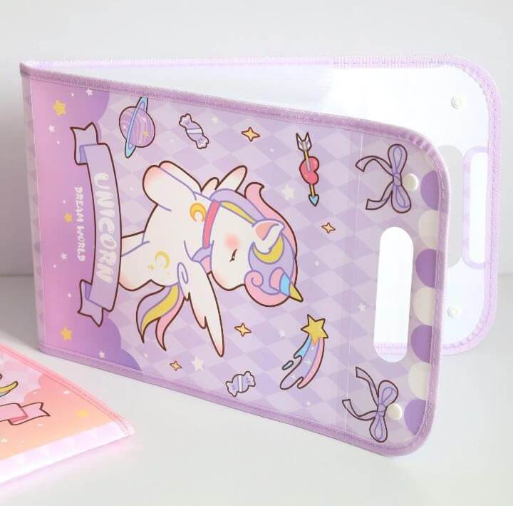 Unicorn Theme Purple File Folder with Button Lock and Handle.